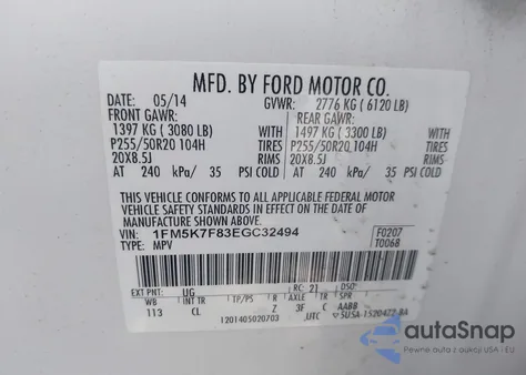 2014 Ford Explorer Limited from USA, damaged, VIN 1FM5K7F83EGC32494